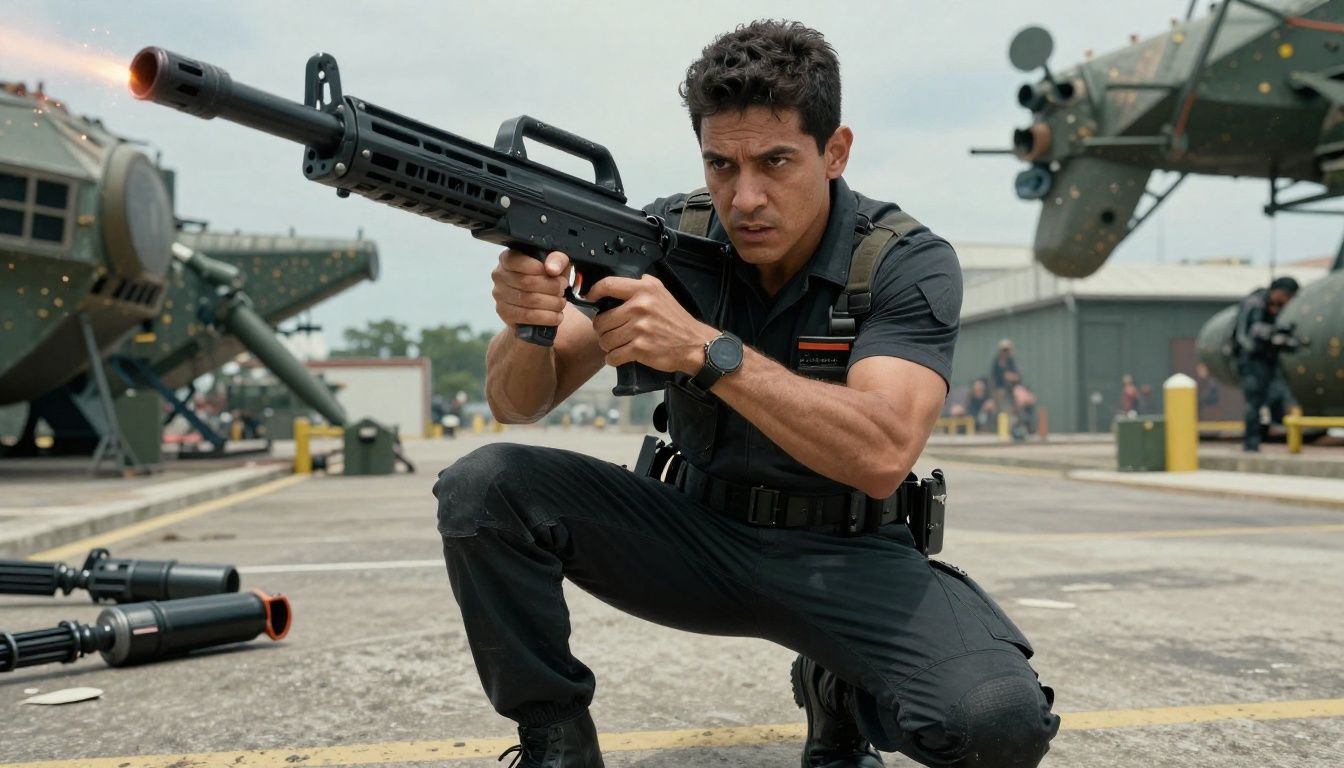 Rico Rodriguez realizando uma manobra de alto risco enquanto explode um complexo militar com um lança-foguetes
