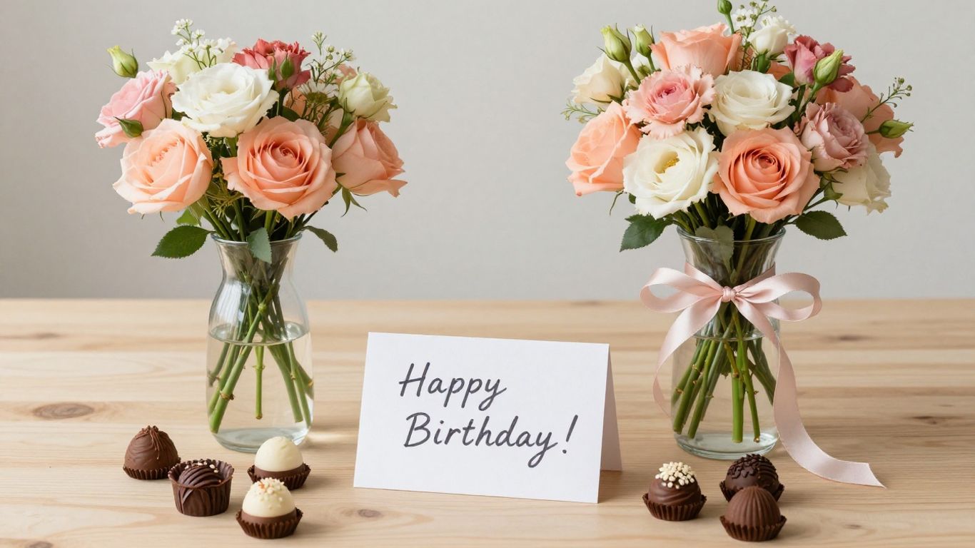 Birthday flowers with card and chocolates