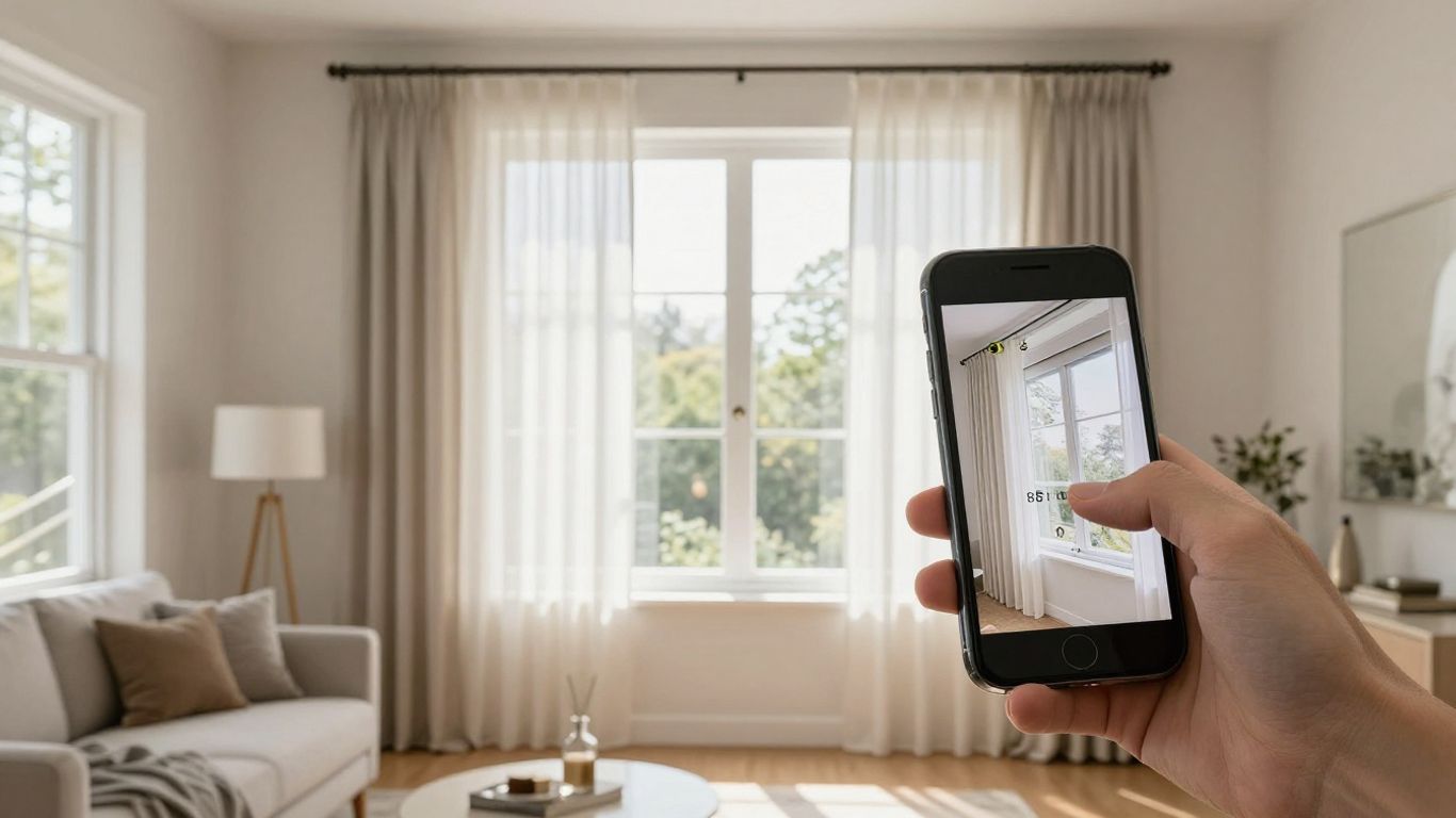 Virtual window treatment preview on a smartphone screen.