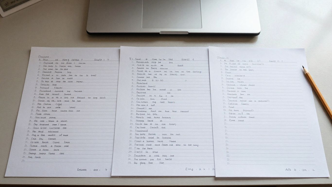 Two essays arranged side by side on a desk