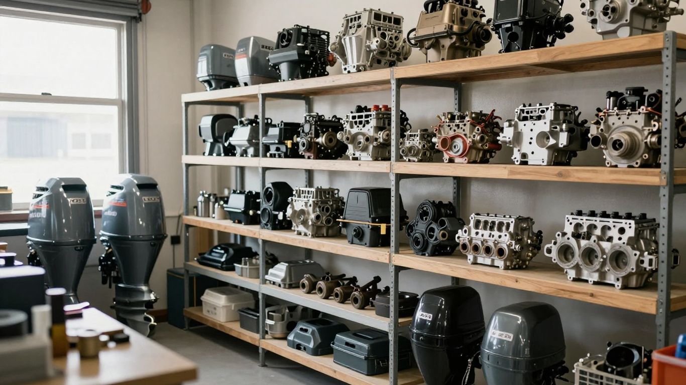 A clean marine workshop with rows of engines