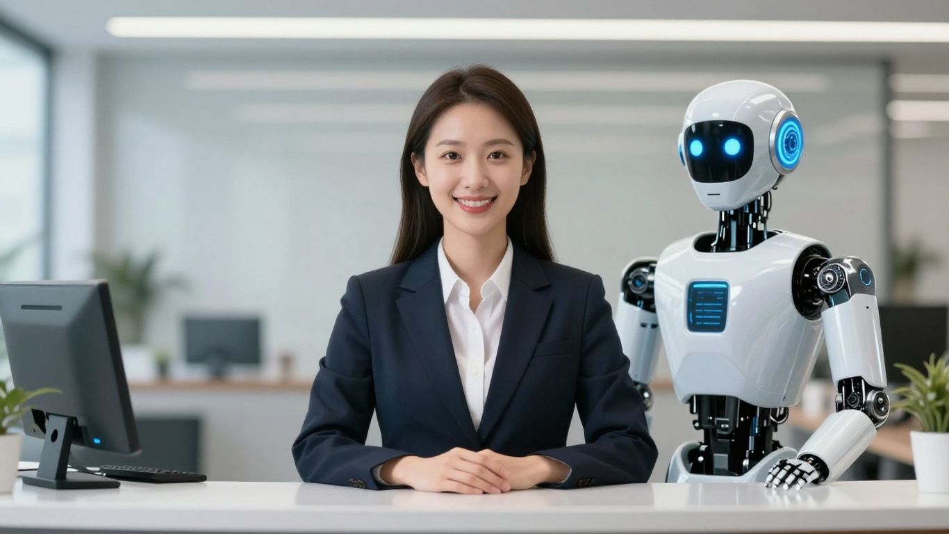 AI robot and human receptionist side-by-side comparison.