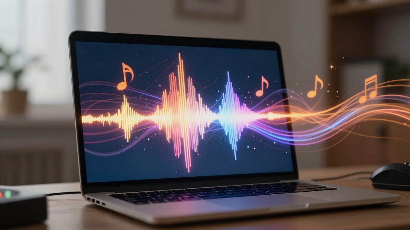 AI generating music from a laptop with sound waves.