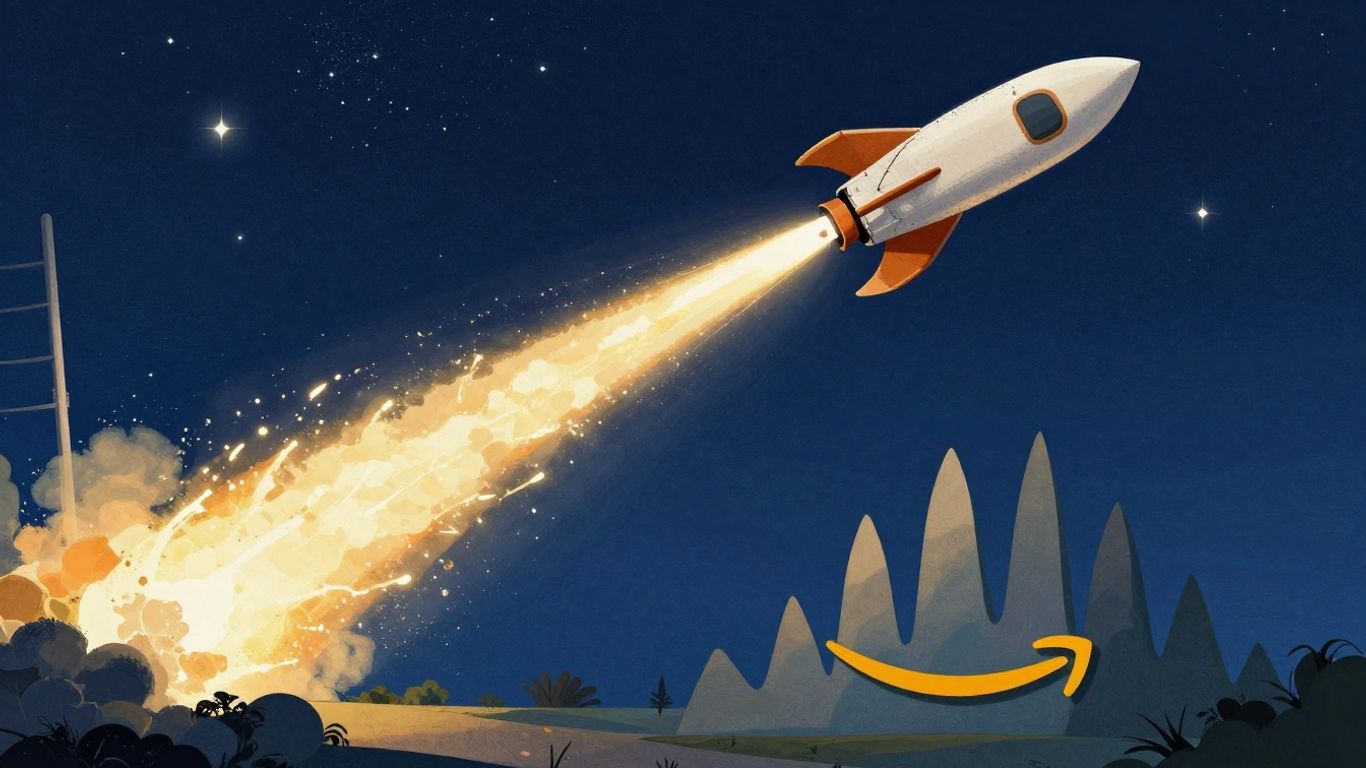 Rocket launching with Amazon logo and upward trends.