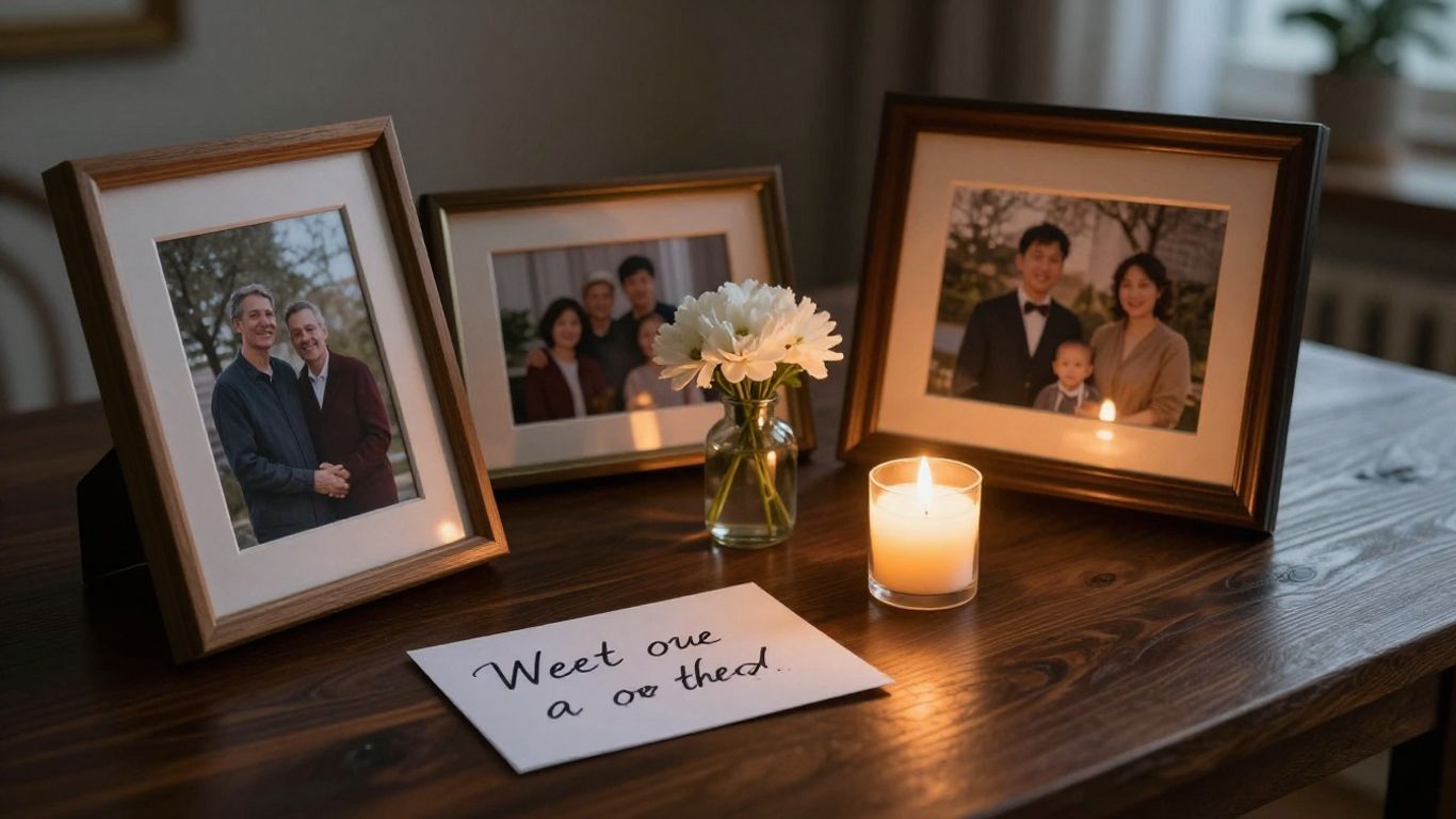 Soft candlelit table with memorial photographs