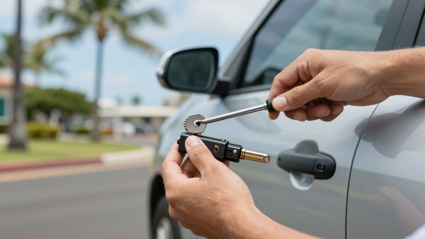 Locksmith unlocking a car door in Honolulu.