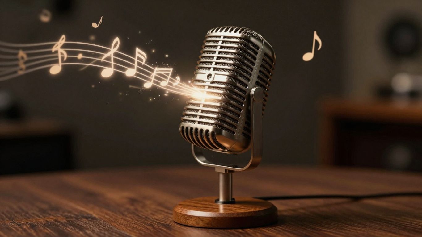 AI music creation, copyright concept, vintage microphone.