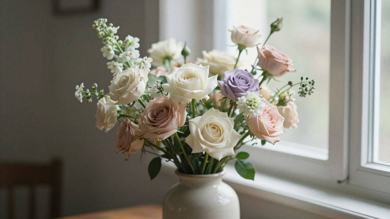 Soft flowers arranged beside a quiet window