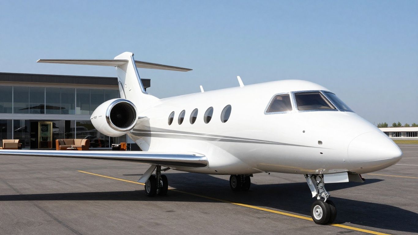 Private jet on tarmac with luxury lounge in background.