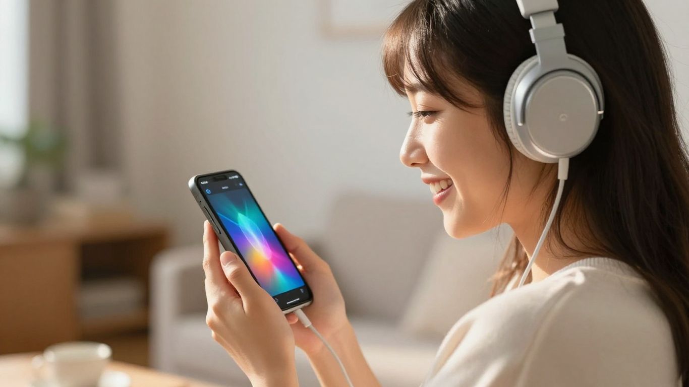 Mulher cantando com fones de ouvido e celular.