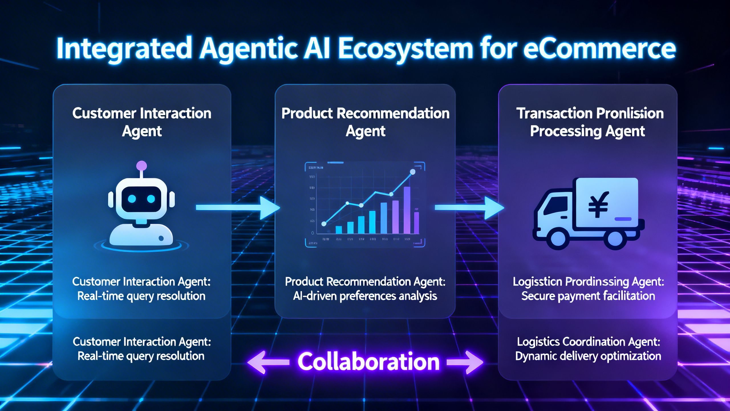 A futuristic flowchart depicting an integrated ecosystem of agentic AI for eCommerce, with different agents collaborating.