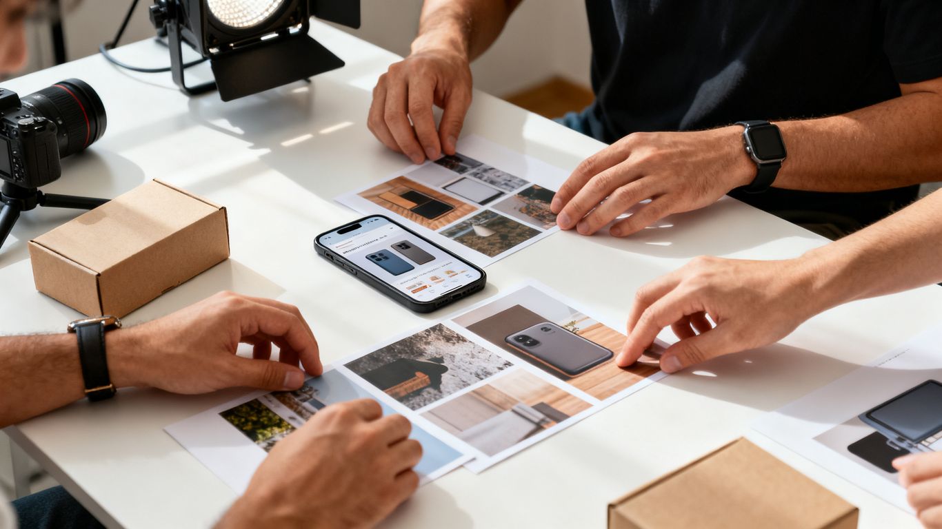 Amazon product listing copy and image planning on desk