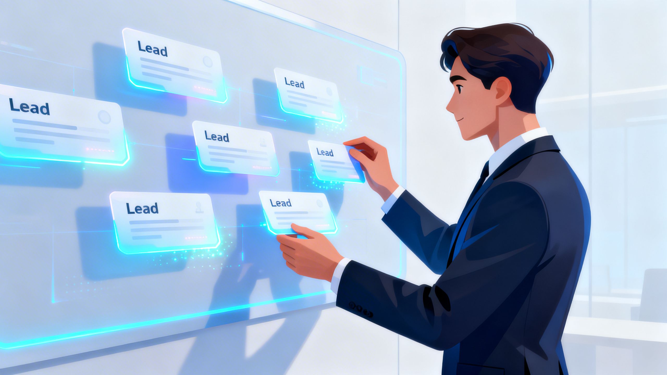 A business professional organizing digital cards on a virtual board, symbolizing the efficiency of small business lead software.