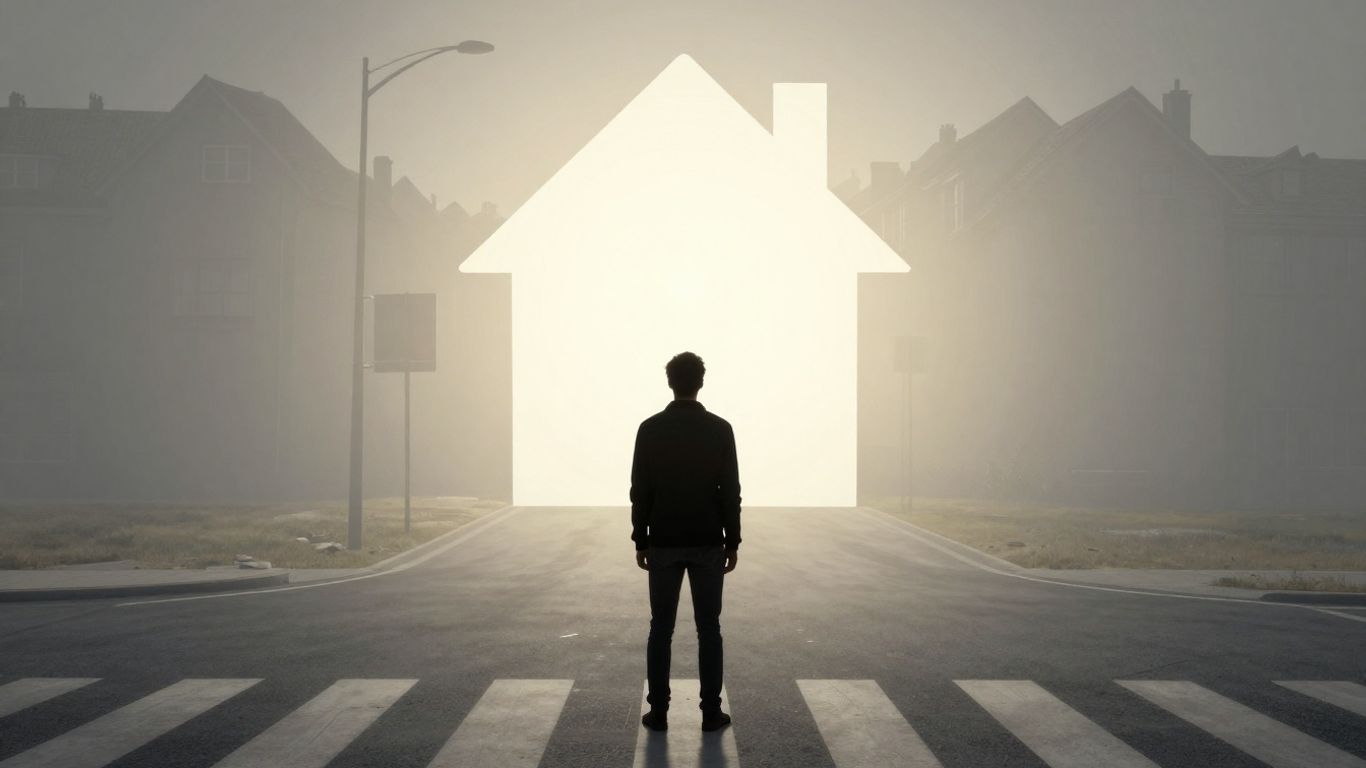 Person at crossroads, home country silhouette, hopeful future path.