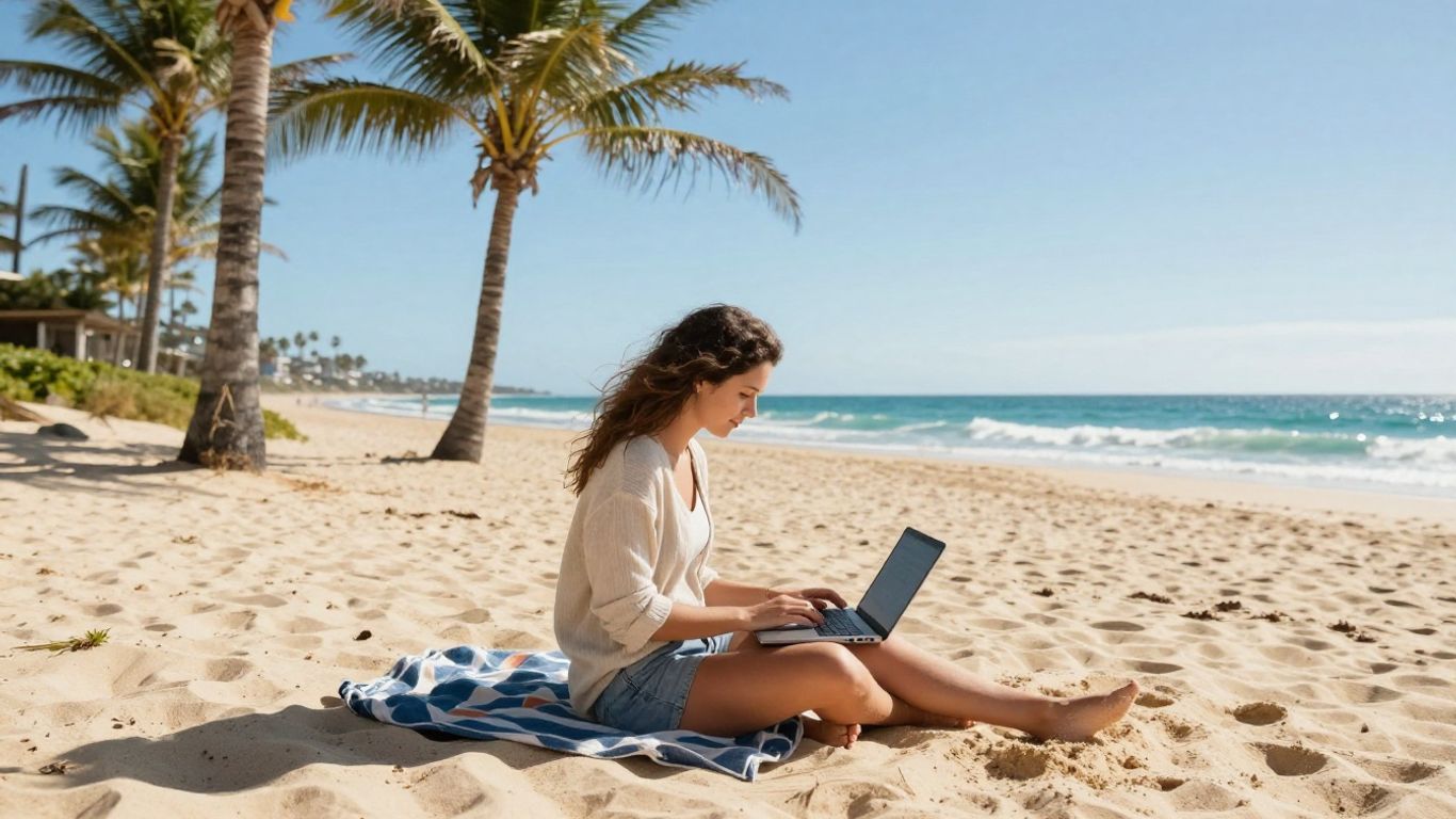 Person working on laptop on Australian beach.