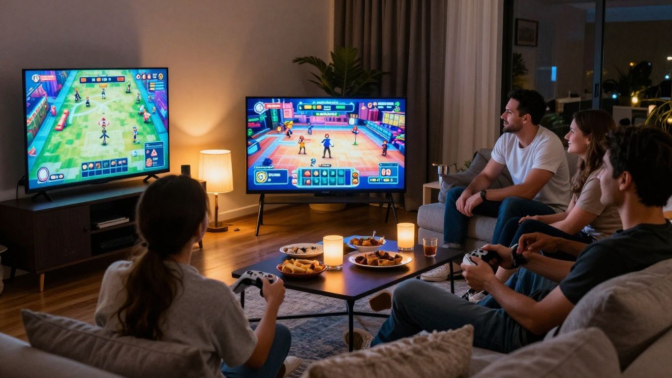 Friends playing together on a shared living room screen