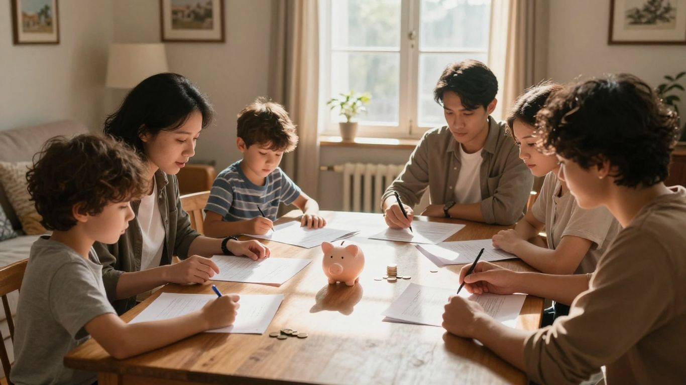Familia planeando presupuesto y ahorrando para emergencias.