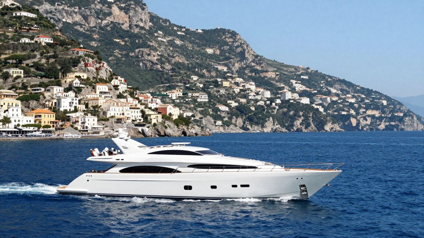 Luxury yacht sailing Italian coast with scenic cliffs.