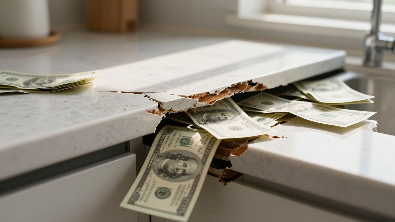 Cracked countertop with money spilling out