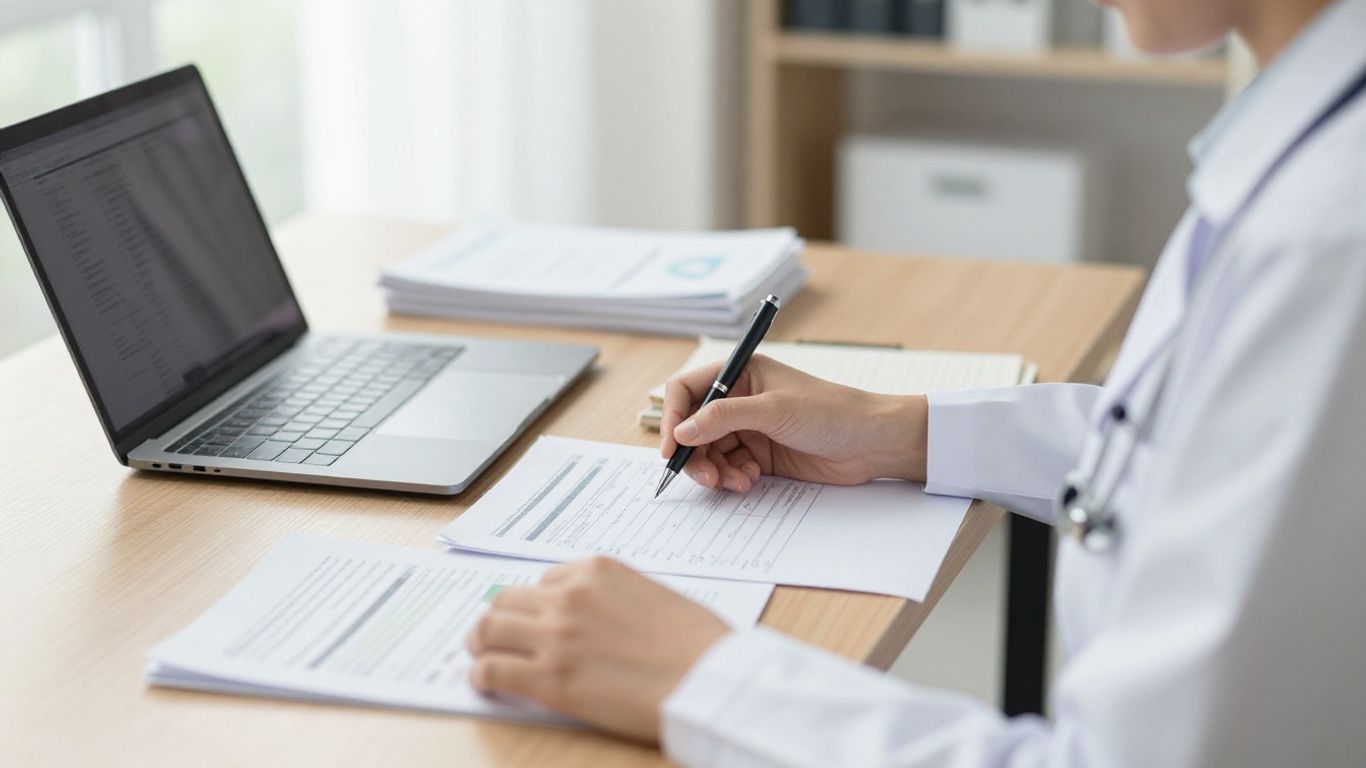 Billing specialist reviewing practice claim paperwork