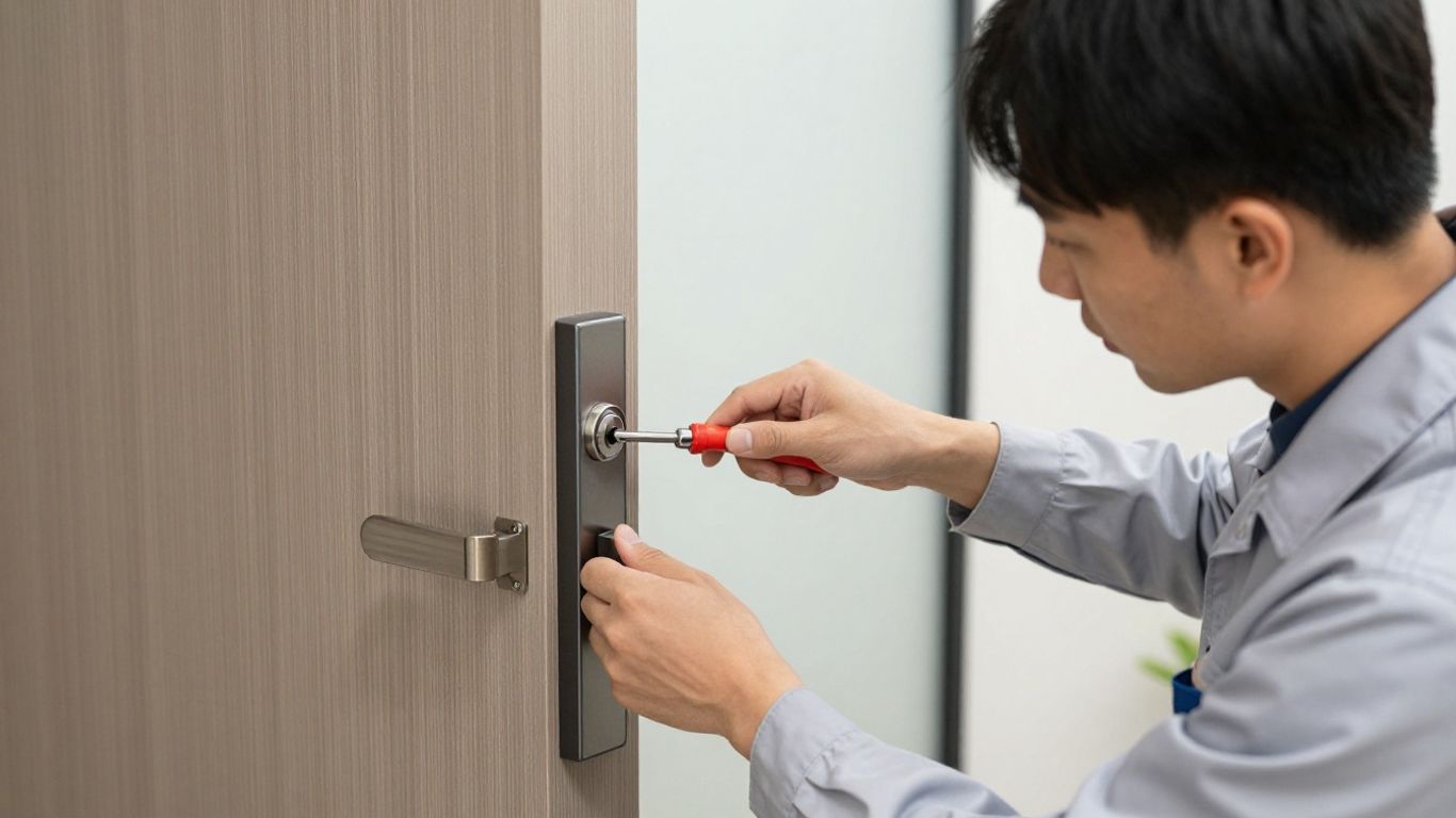Professional technician repairing a residential front door lock
