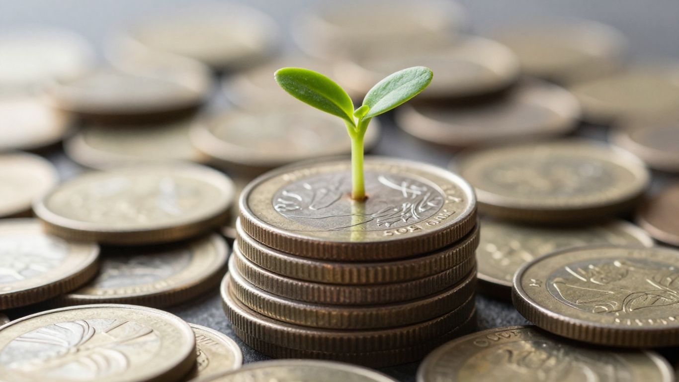 Stack of coins with a green sprout growing.