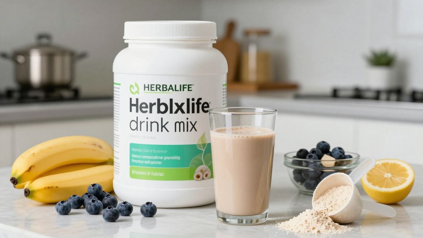 Protein drink mix with fruits and Herbalife container