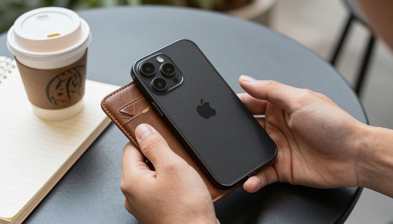 A person's hands holding an iPhone 14 Pro Max in a wallet case, with a coffee cup and a notebook on a cafe table in the background