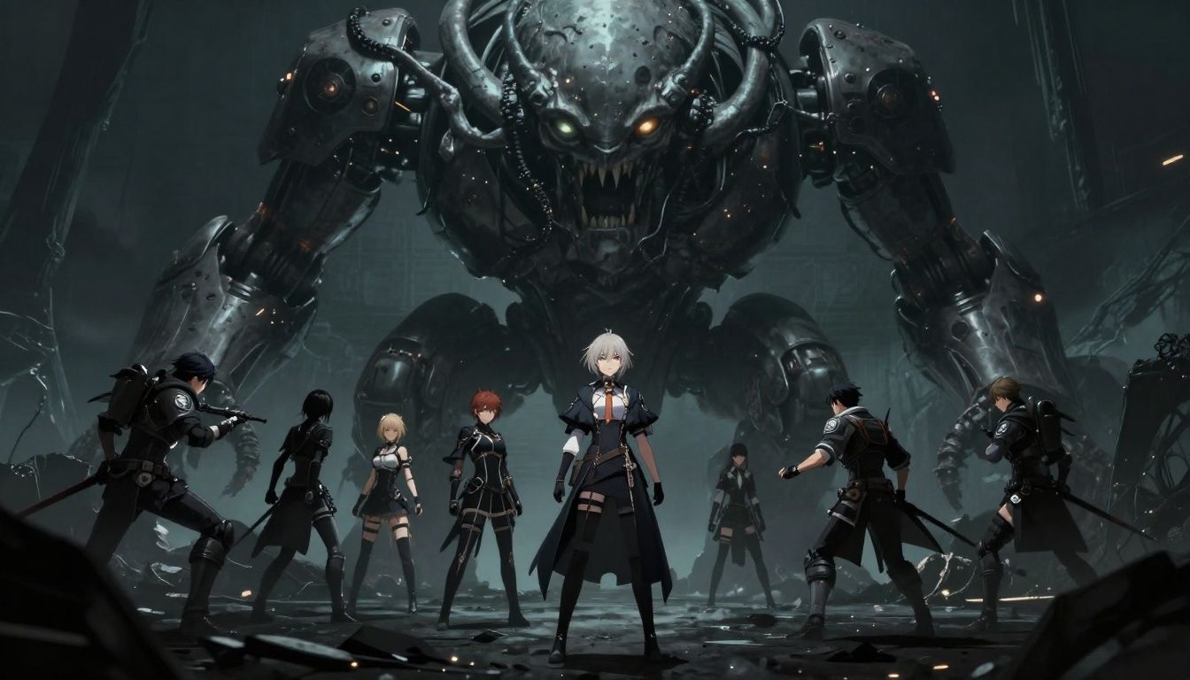 Uma equipe de personagens de Arknights: Endfield em meio a uma batalha intensa contra uma criatura robótica gigante em uma paisagem alienígena