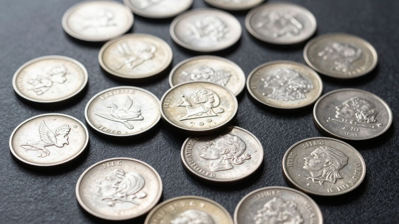 Collection of silver coins with detailed textures and metallic sheen.