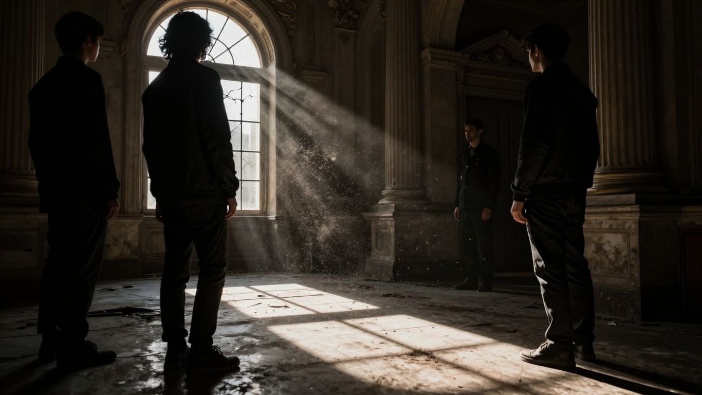 Grand building with shadowy figures, hinting at corruption.