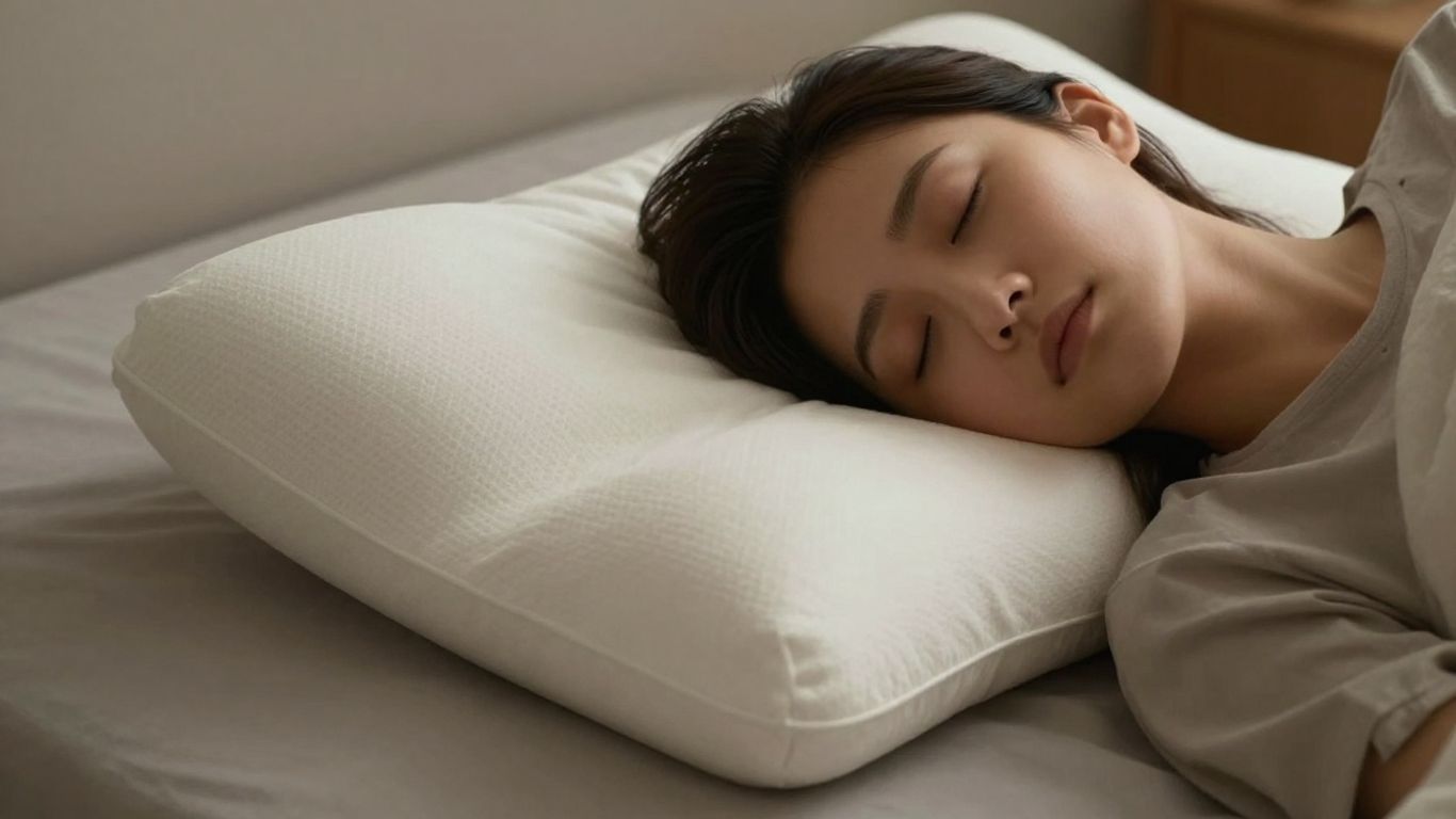 Cervical pillow supporting neck for pain relief.