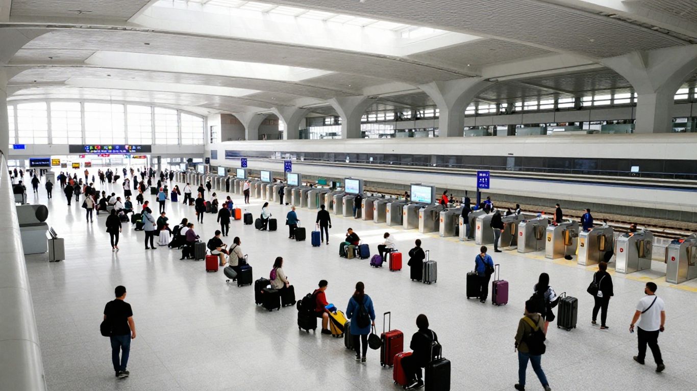 Passengers waiting inside a modern railway station