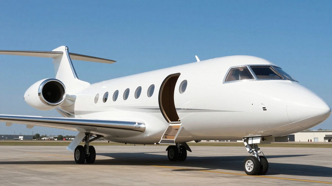 Sleek private jet flying in a clear blue sky.
