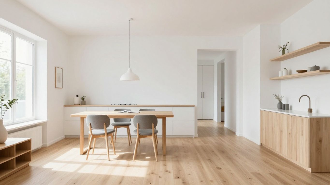A home interior showing modern minimalist furniture and bright natural lighting