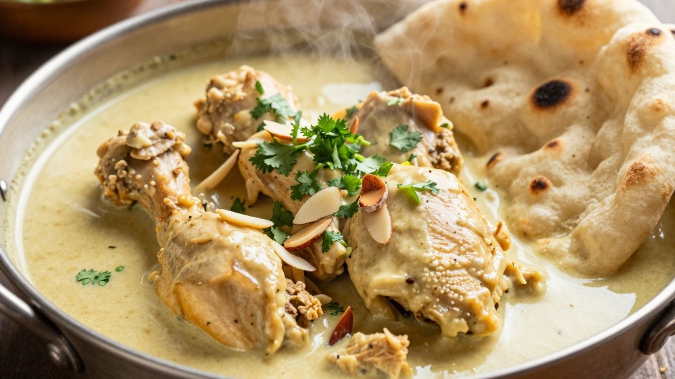 Rich, creamy Chicken Mughlai with naan bread.