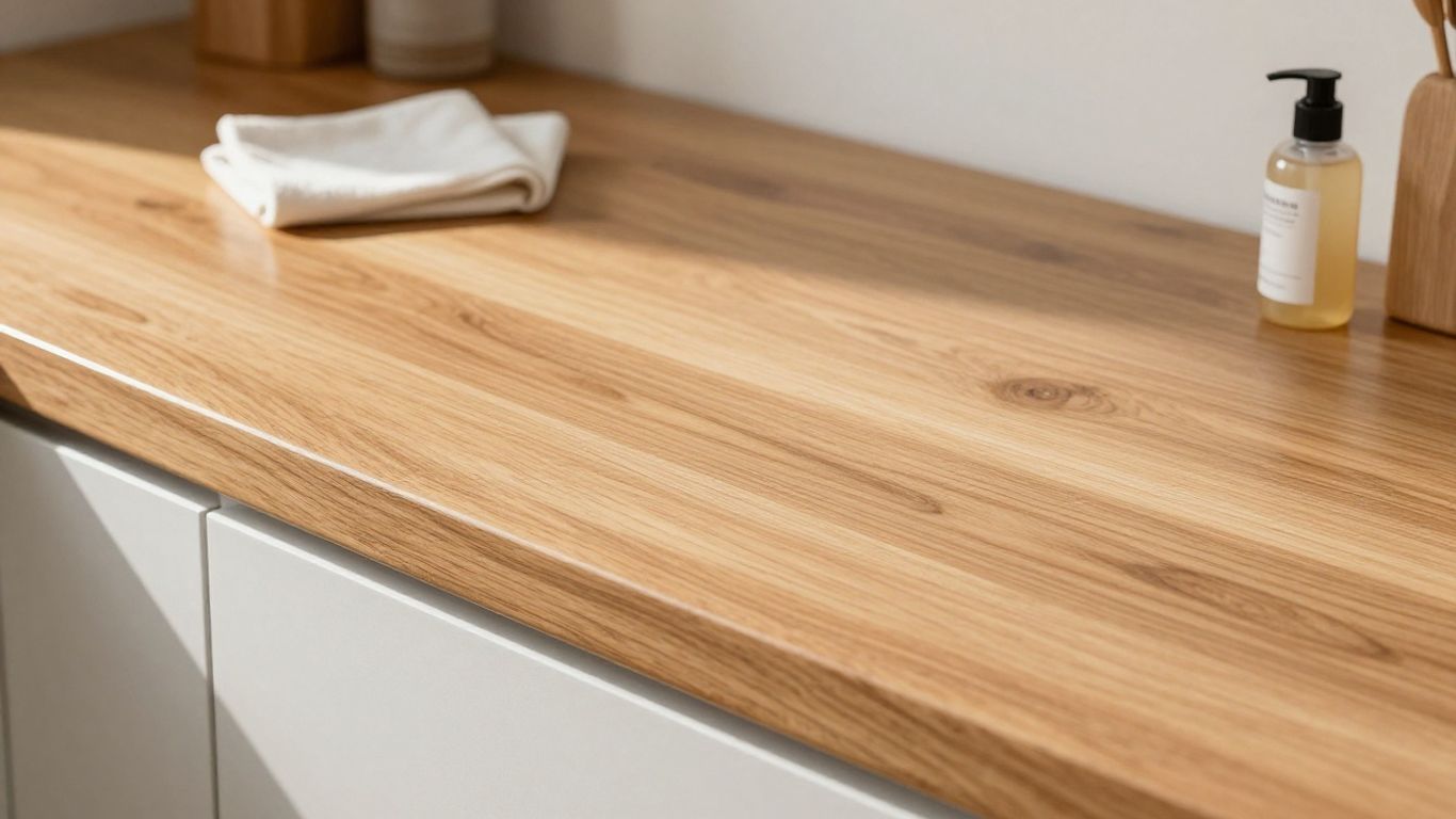 Clean wooden worktop with cleaning supplies.