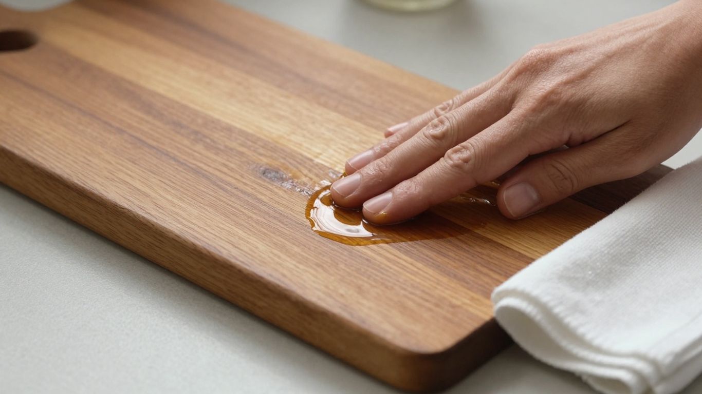 Hand oiling a wooden kitchen worktop.