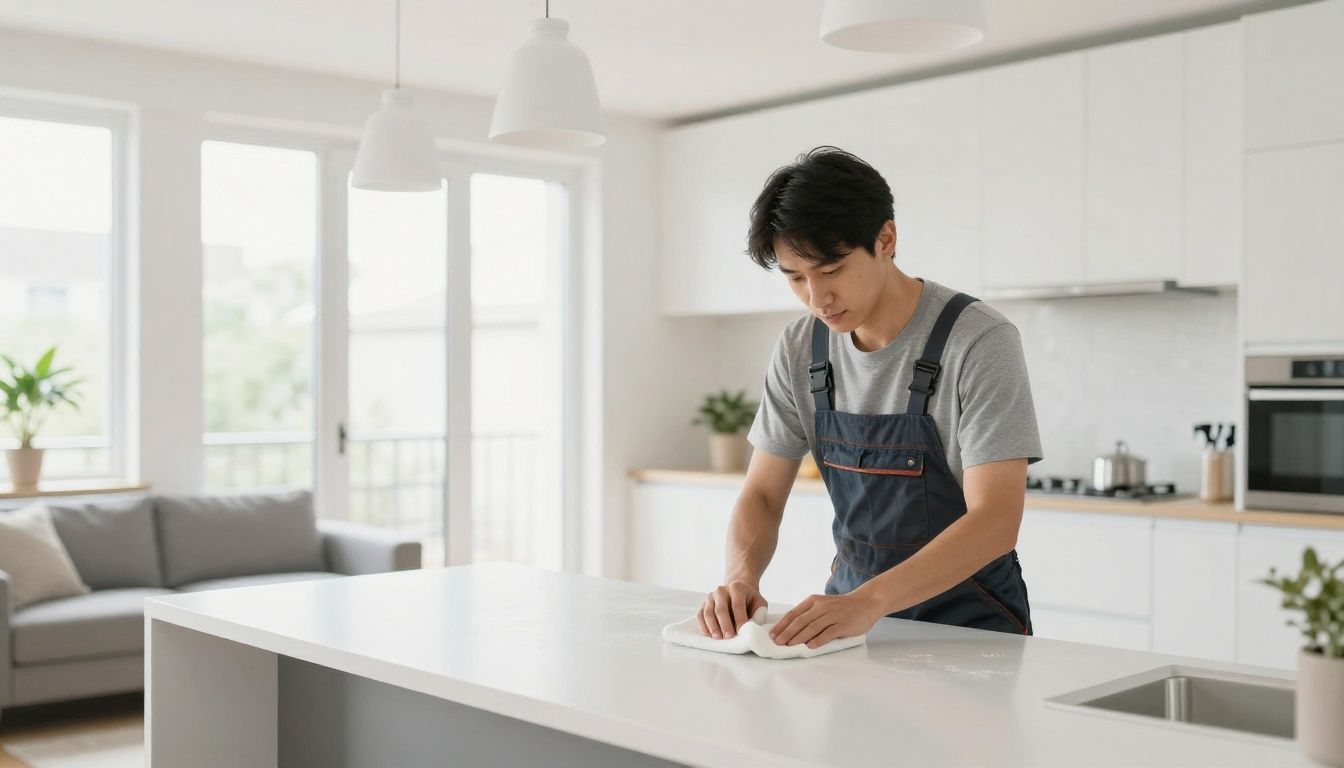 A professional cleaner meticulously wiping down surfaces in a bright, modern, empty apartment, ensuring it is move-in ready