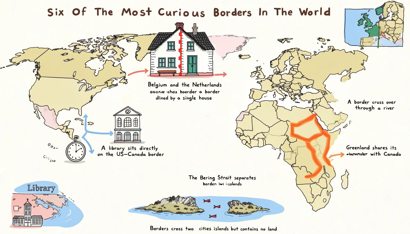 Mapa ilustrado com seis fronteiras curiosas: casas divididas entre Bélgica e Países Baixos, uma biblioteca na divisa entre Estados Unidos e Canadá, ilhas no estreito de Bering e linhas de fronteira em rios e cidades