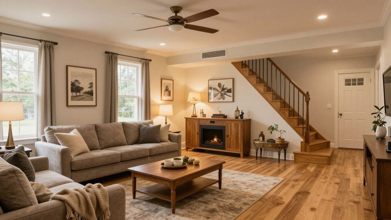 Finished basement living area in Suwanee, Georgia.