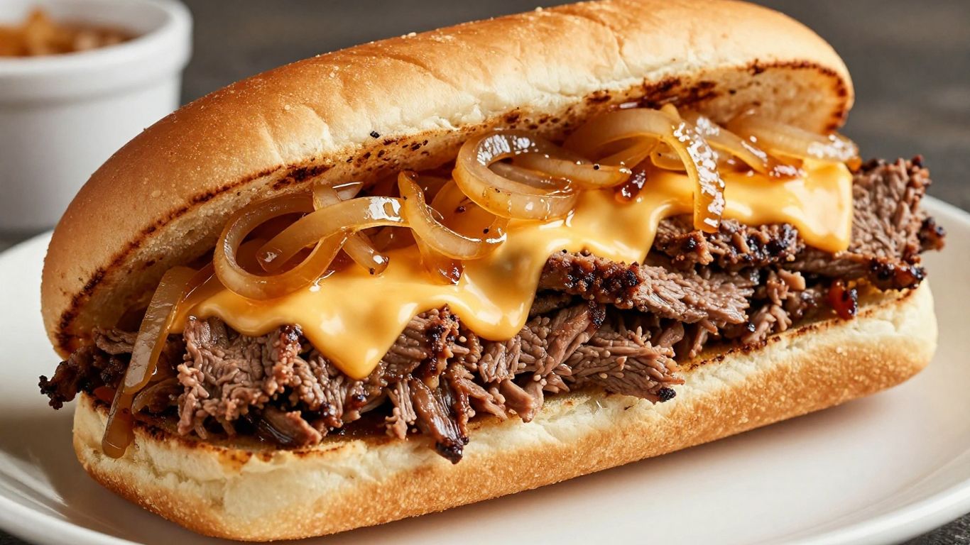 Arby's Angus Cheesesteak sandwich with melted cheese.