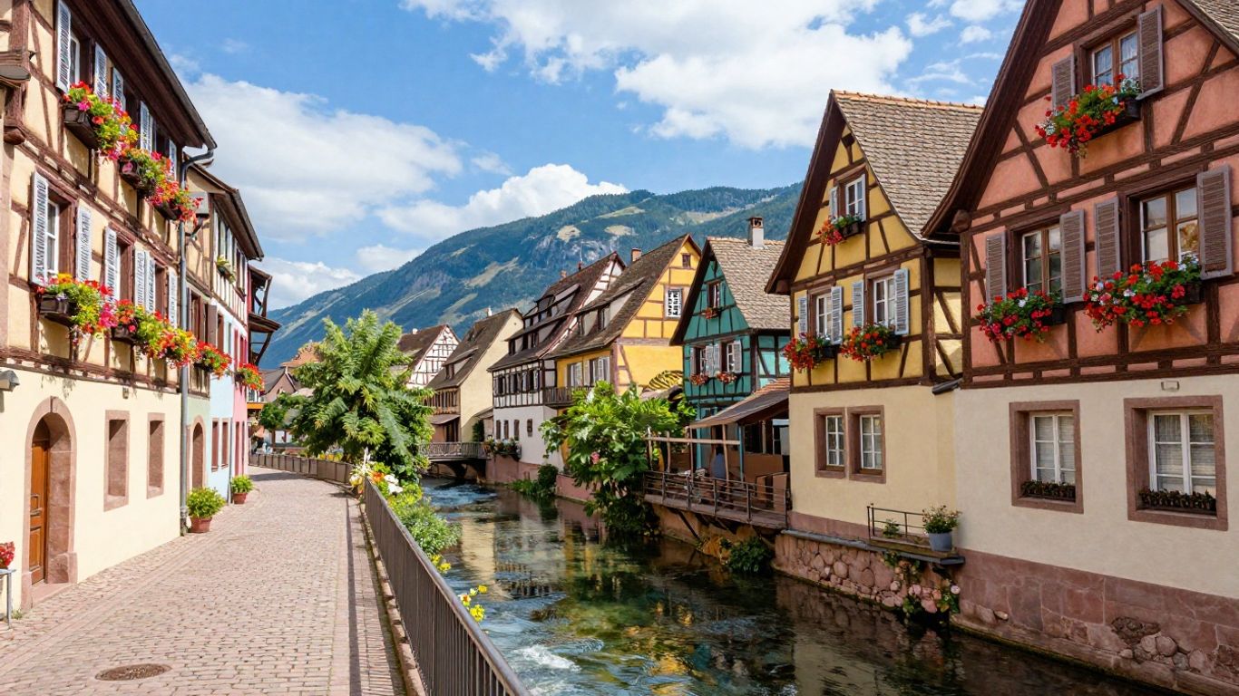 Charming Alsatian village with half-timbered houses and a river.