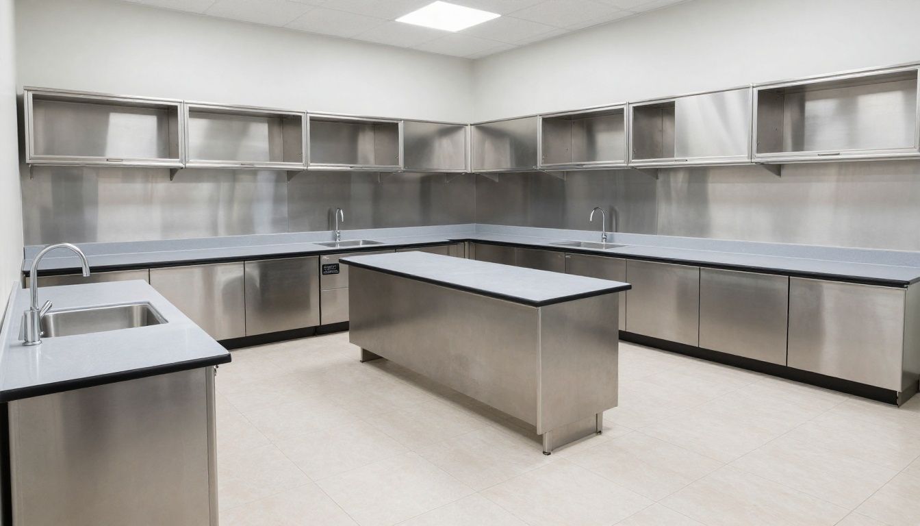 Interior view of a professionally sanitized business breakroom with clean stainless steel appliances, spotless countertops, and sparkling tile floors