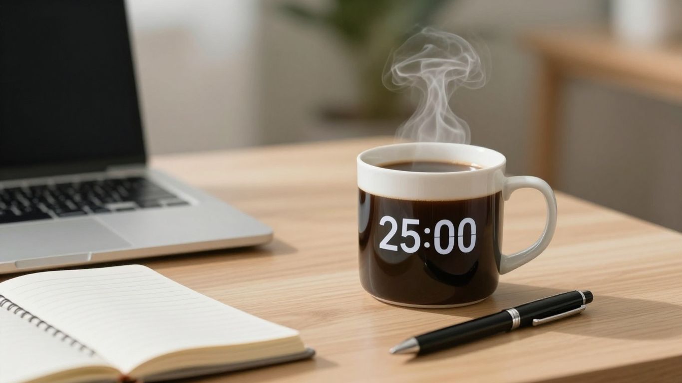 Pomodoro timer on a desk with coffee and notebook.
