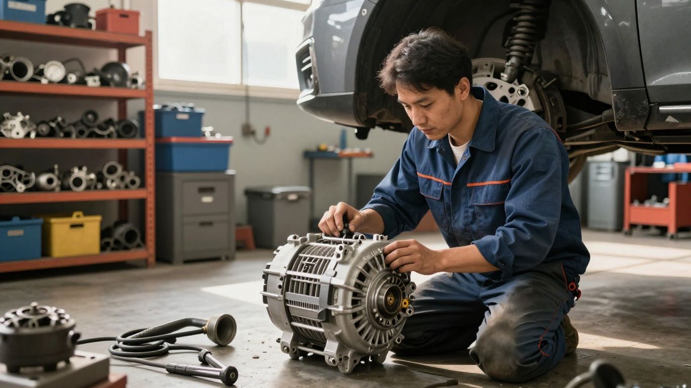 Mechanic checking an automotive component beside a lifted car