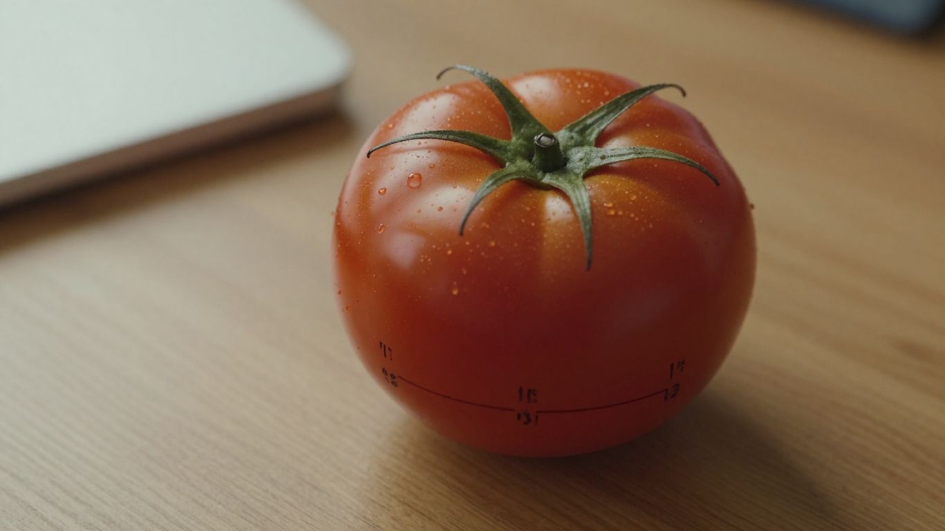 Vintage tomato timer on a wooden desk.