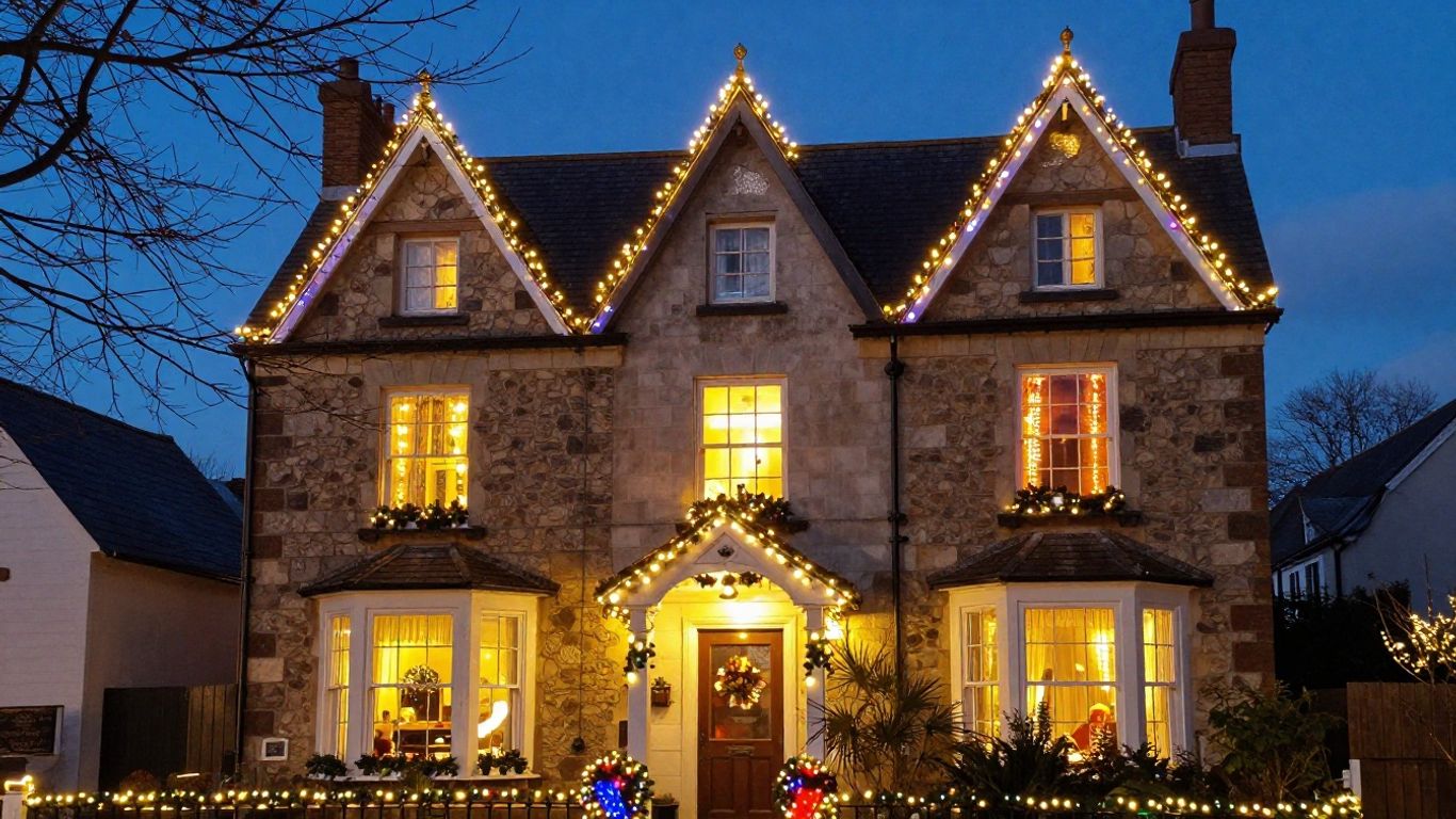 Swansea house decorated with Christmas lights