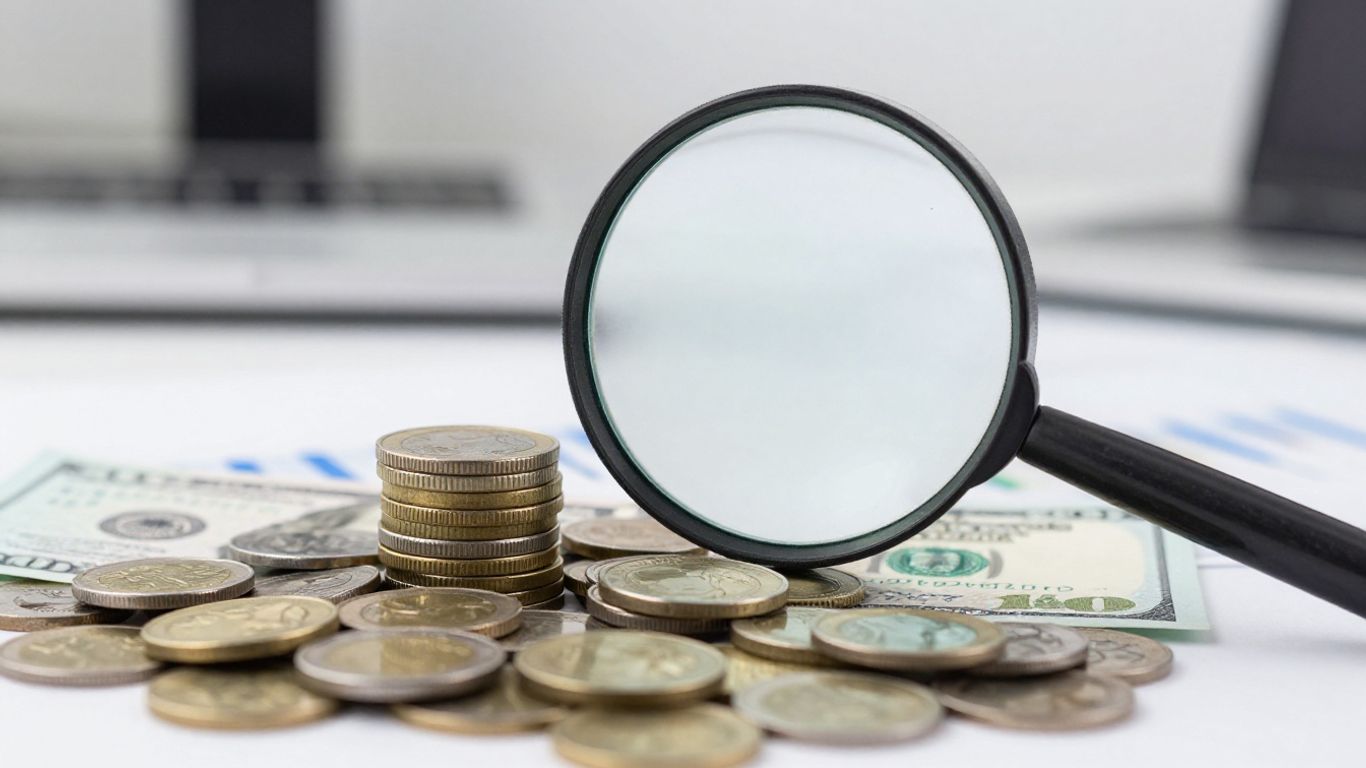 Money and magnifying glass over coins and bills.