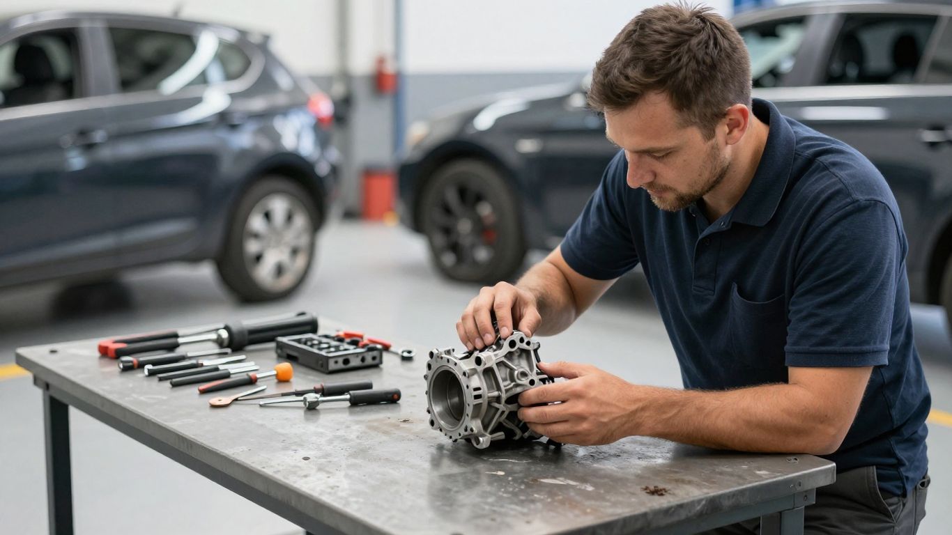 Mechanic working on a car transmission in a workshop.